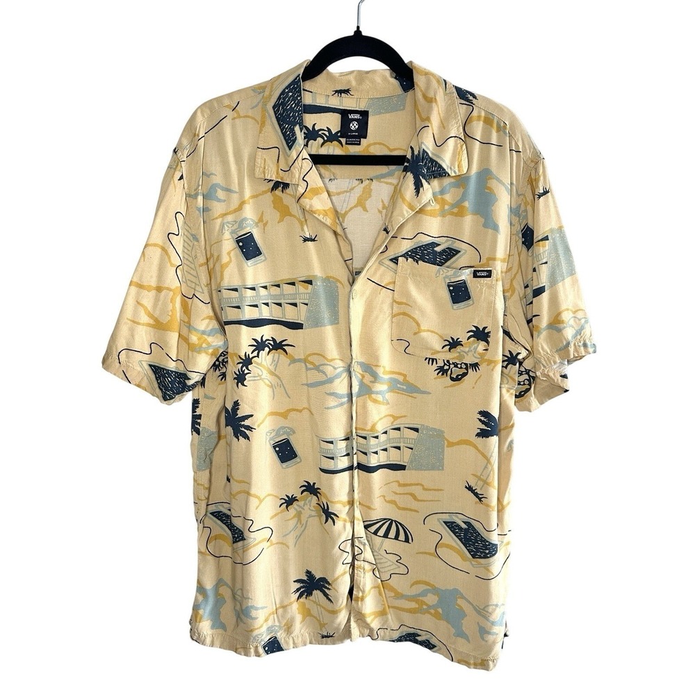 Vans Off The Wall Men's XL Button Shirt Retro Pool Party Palm Tree Yellow Resort
